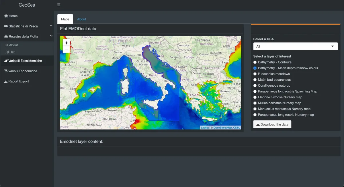 Ecosystem variables page with EMODnet habitat layers on a Mediterranean map