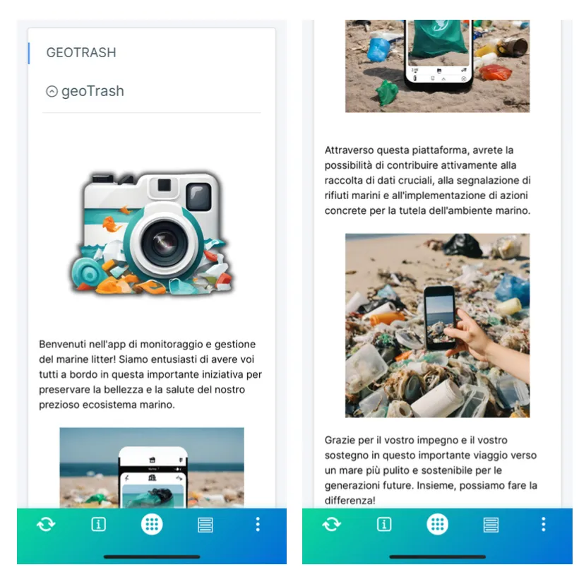 GeoTrash app home screen with a welcome message and navigation bar