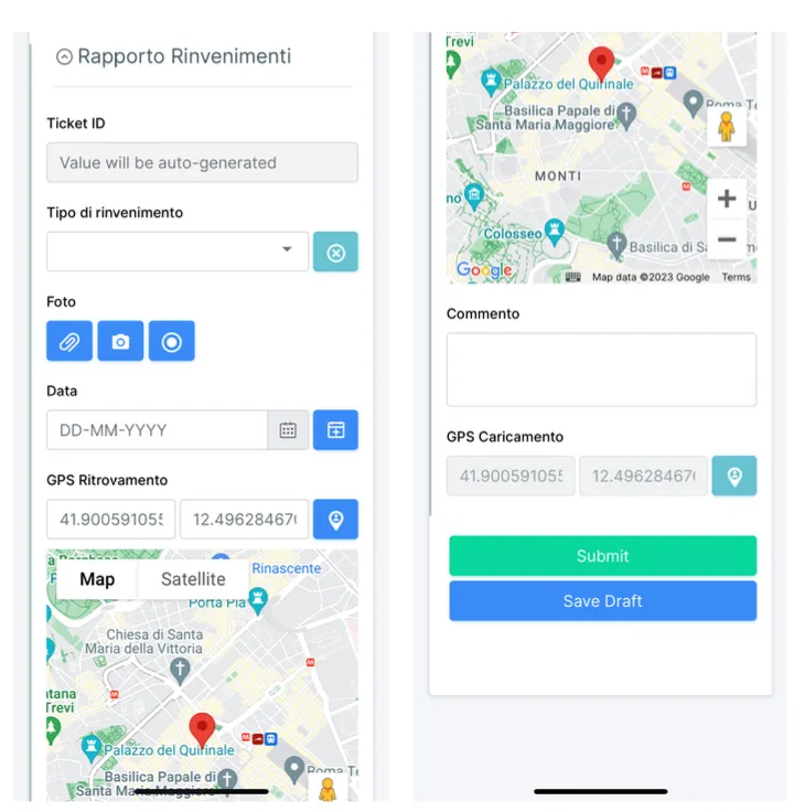 Field report form with GPS position, photo upload and type selector