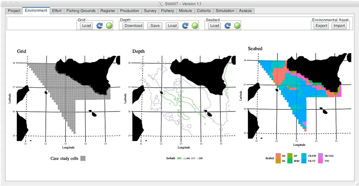 Environment panel with study grid, depth contours and seabed map