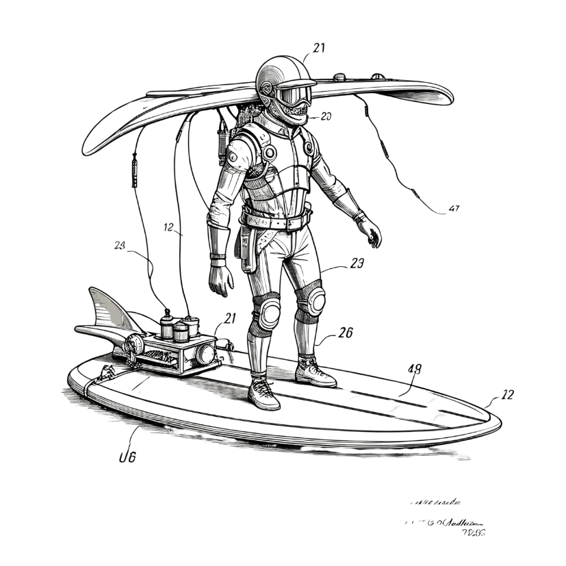 An AI generated image of a steampunk surfboard and a human pilot with a wing on his shoulders